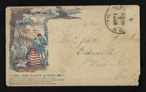 Civil War envelope showing soldier with woman in stars and stripes dress, man and woman, and dog with message The girl I left behind me and verse from song LCCN2011648592