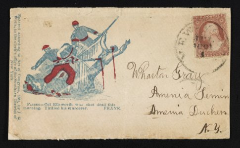 Civil War envelope showing Corporal Francis Brownell killing James Jackson after he murdered Colonel Elmer Ellsworth with message from Brownell, Father-Col. Ellsworth was shot this morning. LCCN2011655070