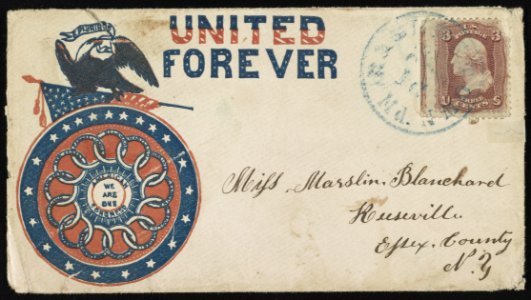 Civil War envelope showing eagle atop American flag and American Congress, we are one medallion with message United forever LCCN2013645999