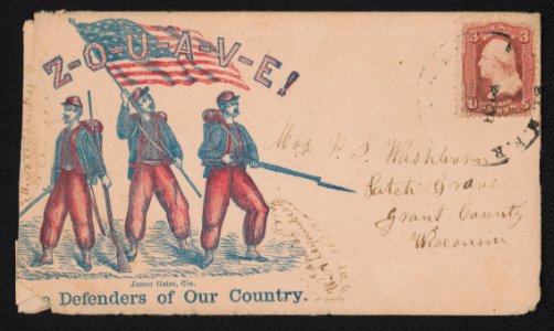 Civil War envelope showing three Zouave soldiers with rifles, swords, and an American flag LCCN2017648718