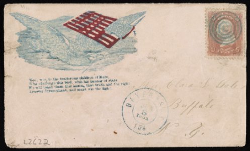 Civil War envelope showing eagle flying with American flag above poem, Woe, woe to the traitorous children of Mars ... LCCN2013645708