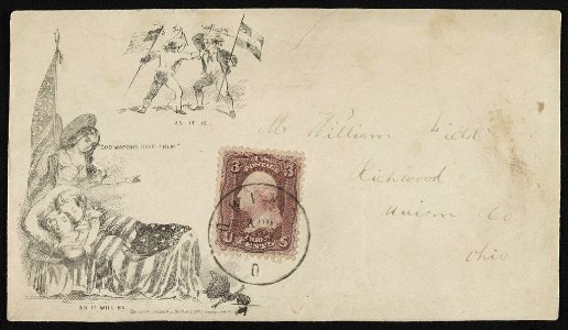 Civil War envelope showing angel holding American flag watching over sleeping children with broken doll on floor; also two boys sparring, one with Union flag and the other with Confederate LCCN2011648687