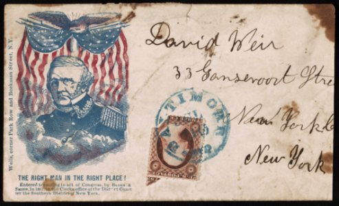 Civil War envelope showing portrait of Lieutenant General Winfield Scott in front of eagle and American flag banner with message The right man in the right place! LCCN2013645684