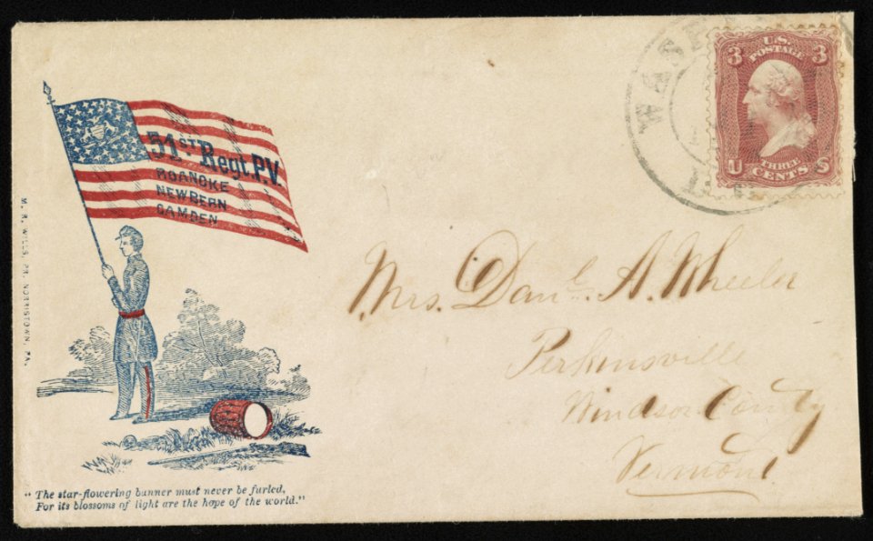 Civil War envelope showing soldier holding 51st Pennsylvania Infantry Regiment flag with message The star-flowering banner must never be furled, for its blossoms of light are the hope of LCCN2013645807