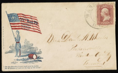 Civil War envelope showing soldier holding 51st Pennsylvania Infantry Regiment flag with message The star-flowering banner must never be furled, for its blossoms of light are the hope of LCCN2013645807