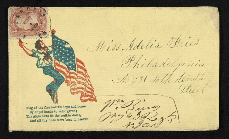 Civil War envelope showing sailor climbing up flagpole to American flag with lines from poem LCCN2011648571
