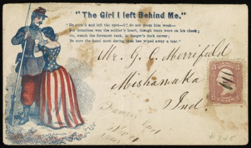 Civil War envelope showing soldier with woman in stars and stripes dress, with message The girl I left behind me and verse from song LCCN2013648200