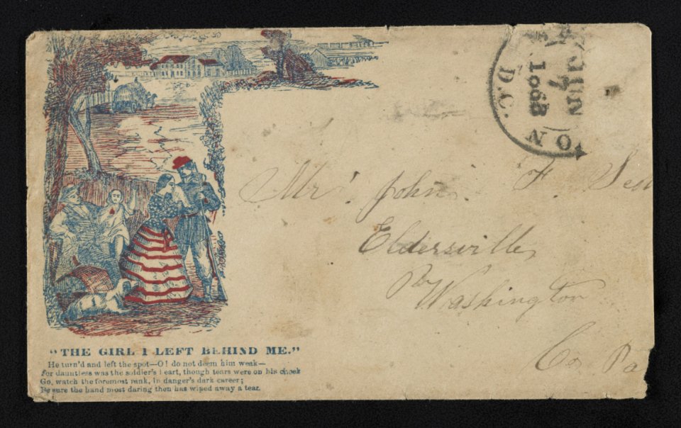 Civil War envelope showing soldier with woman in stars and stripes dress, man and woman, and dog with message The girl I left behind me and verse from song LCCN2011648592