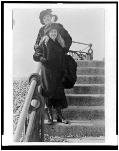 Clare Boothe Luce and her mother, standing on steps, outdoors, enroute to Europe LCCN95510327