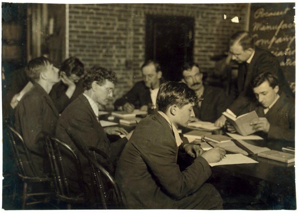 Class in English for employees. Pocasset Mill. After day's work. LOC nclc.05025