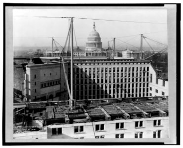 Construction of the Library of Congress - basement and first floor, viewed from chimney top, with U.S. Capitol in background LCCN2005694629