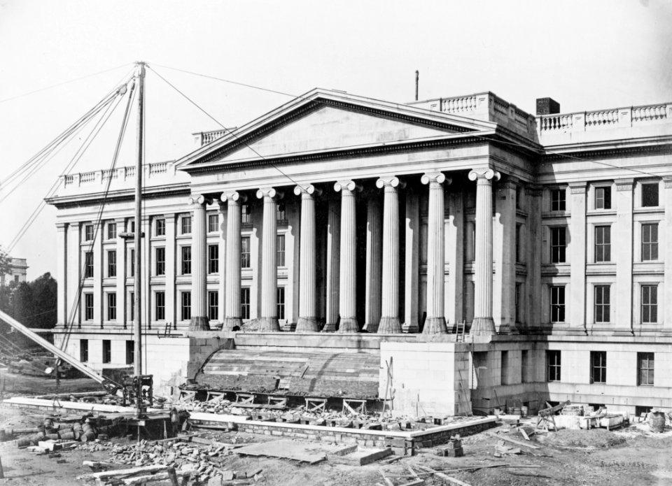 Construction of the United States Treasury Building, Washington, D.C., showing construction of the front steps LCCN00652415