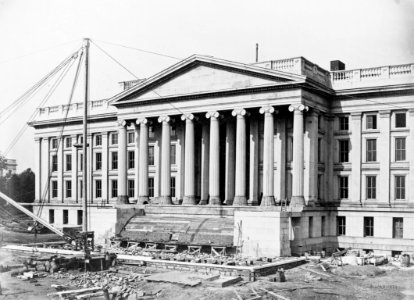 Construction of the United States Treasury Building, Washington, D.C., showing construction of the front steps LCCN00652415