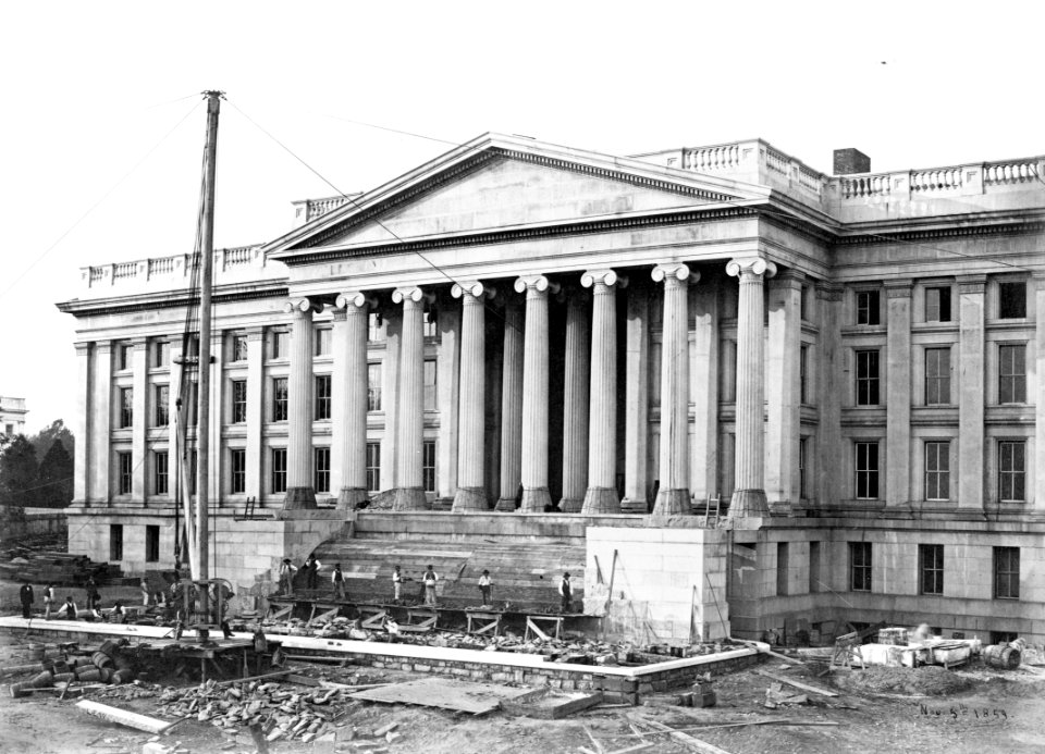 Construction of the United States Treasury Building, Washington, D.C., showing construction of the front steps