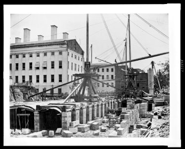 Construction of the United States Treasury Building, Washington, D.C., showing construction equipment and building materials LCCN00652409
