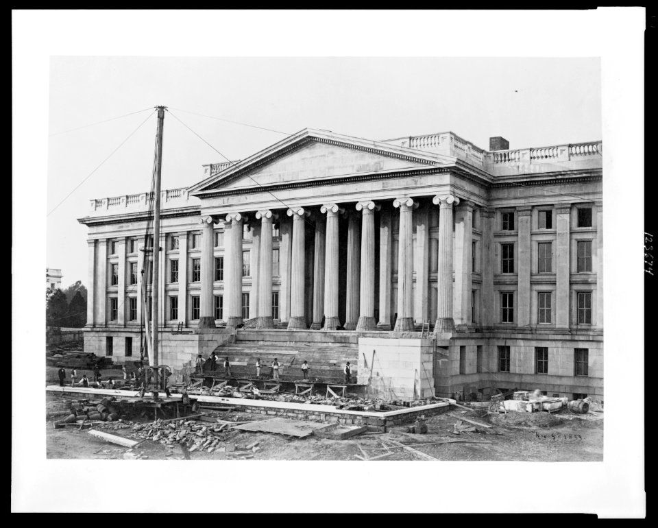 Construction of the United States Treasury Building, Washington, D.C., showing construction of the front steps LCCN00652416