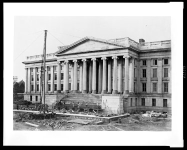 Construction of the United States Treasury Building, Washington, D.C., showing construction of the front steps LCCN00652416