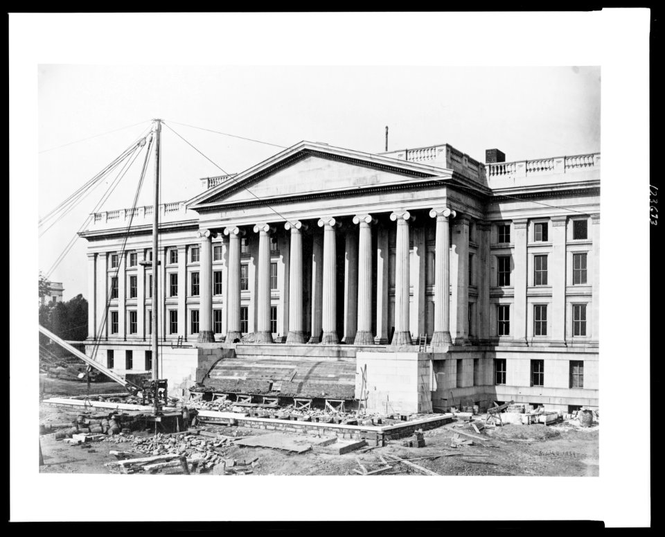 Construction of the United States Treasury Building, Washington, D.C., showing construction of the front steps LCCN00652415