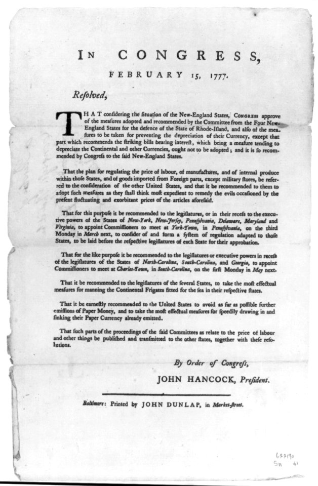 Continental Congress Broadside, 1777 - (Resolve of February 15, endorsing New England Conference Report) LCCN2003690363