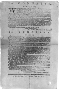 Continental Congress Broadside, 1777 - (April 14-15 resolves on Committee of Conference meeting with Pennsylvania officials) LCCN2003690362