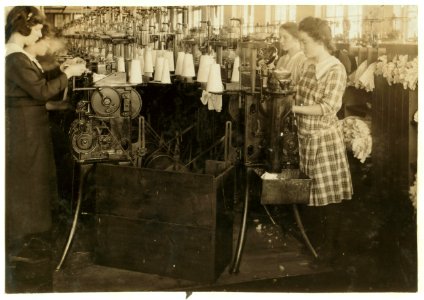 Continuation school girls topping stockings in Ipswich Mills. LOC nclc.03125