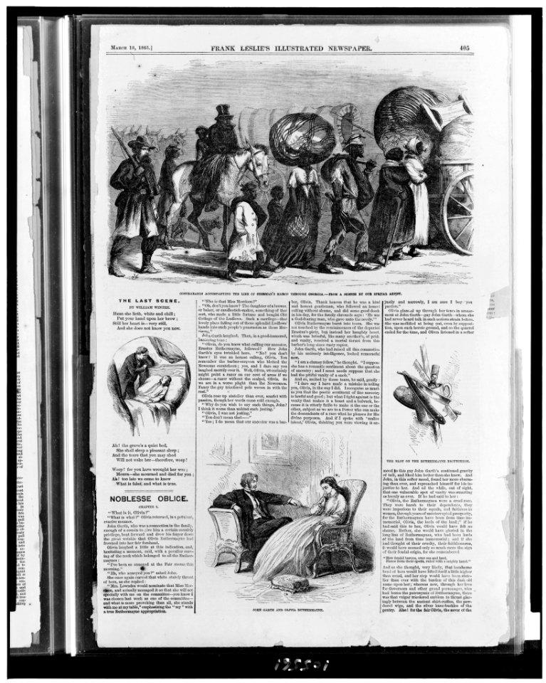 Contrabands accompanying the line of Sherman's march through Georgia - - from a sketch by our special artist. The last scene. John Garth and Olivia Ruthermayne. The blot on the Ruthermayne LCCN92515029