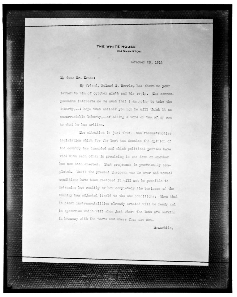 Copy of letter on White House stationery, October 20, 1914 LCCN2016870850