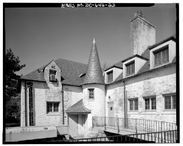Corner fire escape tower at angle of North Wing (Wing 2)
