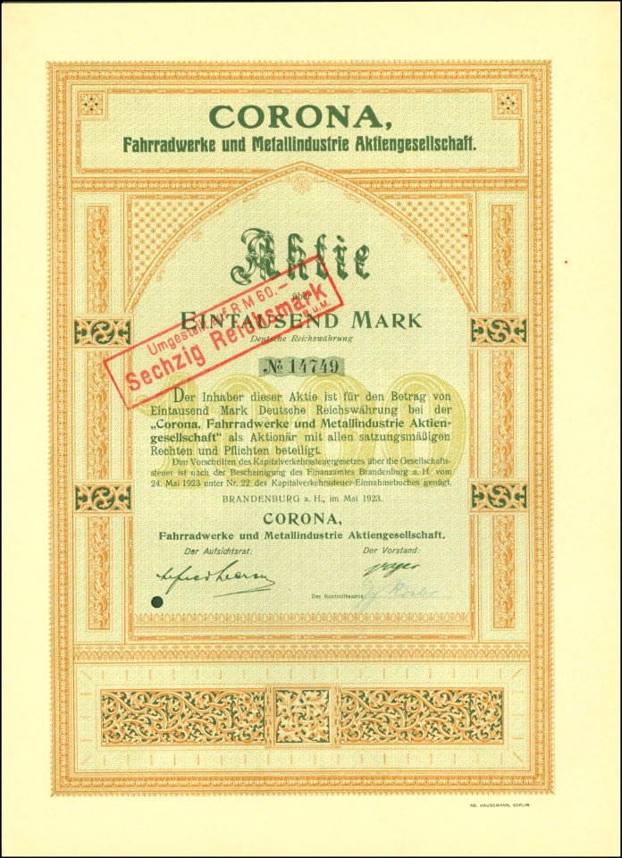Corona Fahrradwerke und Metallindustrie AG 1923