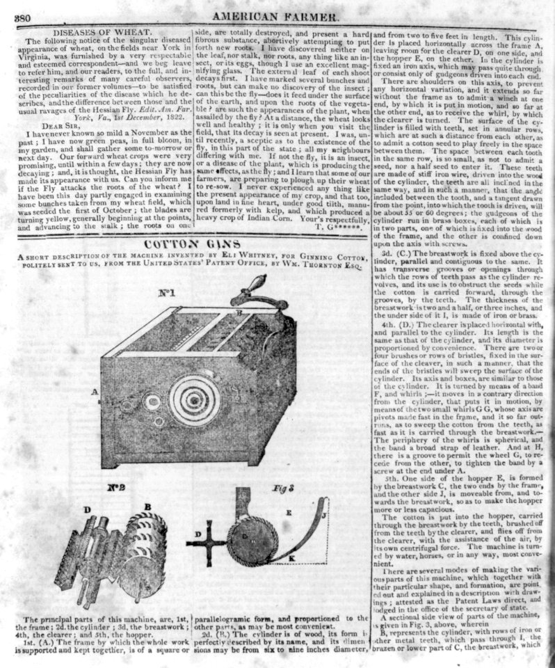 Cotton Gins...the machine invented by Eli Whitney, for ginning cotton, politely sent to us from the U.S. Patent Office LCCN2005683642