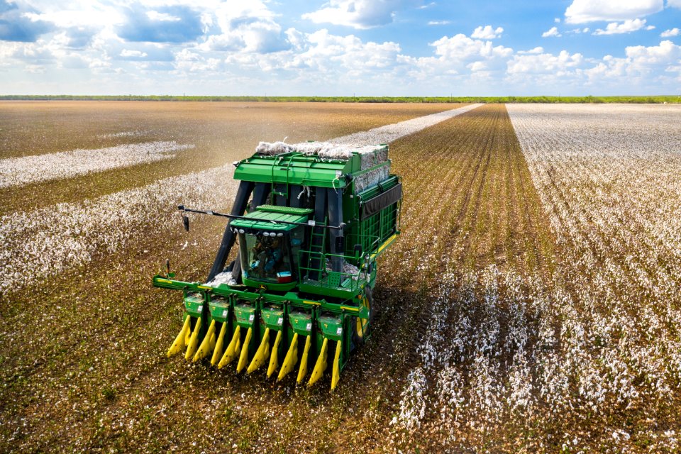 Cotton harvester in Batesville, Texas field - angle view