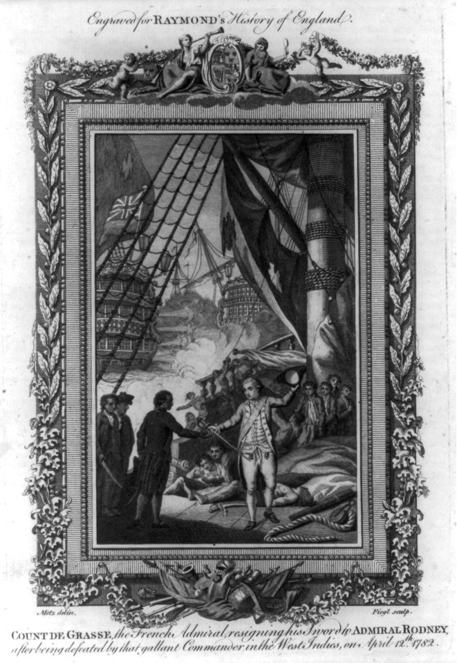 Count de Grasse, the French admiral, resigning his sword to Admiral Rodney, after being defeated by that gallant commander in the West Indies, on April 12th 1782 - Metz delin. ; Fiegl sculp. LCCN2004670193