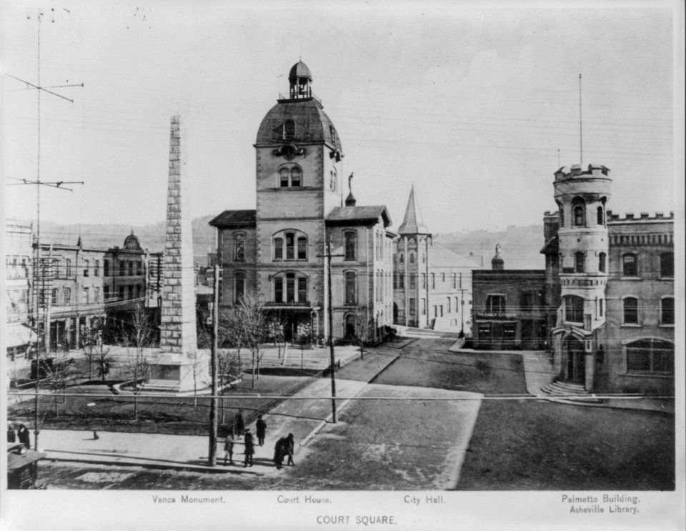 Court Square - Vance Monument, courthouse, City Hall, Palmetto Building and Sheville Library, Asheville, N.C. LCCN2003669822