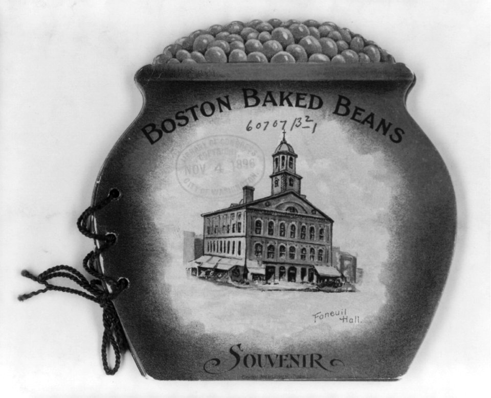 Cover of souvenir album of historic sites of Boston, shaped as beanpot, with illus. of Faneuil Hall LCCN2002705719