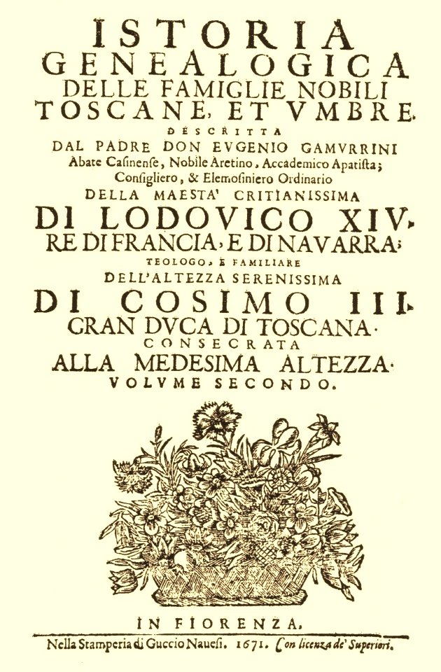 Cover Vol II Istoria genealogica delle famiglie nobili Toscane et Umbre Eugenio Gamurrini (Firenze 1671)