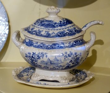 Covered soup tureen with ladle and tray, China, c. 1830, earthenware with transfer-printed decoration - Concord Museum - Concord, MA - DSC05759 photo