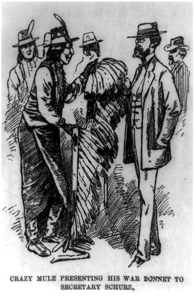Crazy Mule presenting his war bonnet to Secretary (of the Interior Carl) Schurz LCCN2003653537