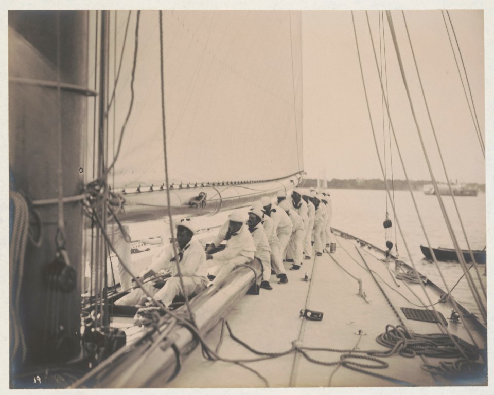 Crew handling rigging on the yacht Reliance, winner of 1903 America's Cup LCCN2018645916