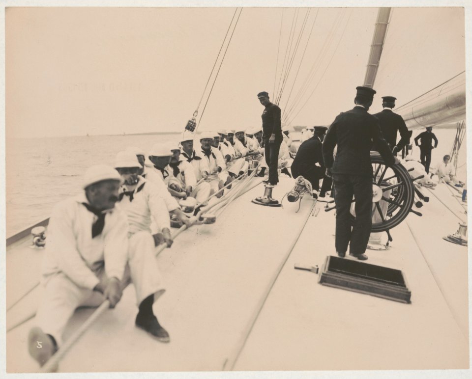 Crew handling rigging on the yacht Reliance, winner of 1903 America's Cup LCCN2018645912