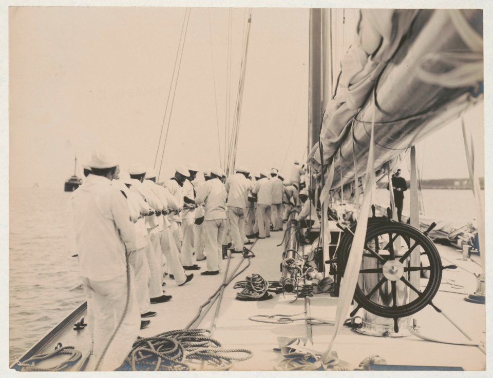 Crew handling rigging on the yacht Reliance, winner of 1903 America's Cup LCCN2018645920