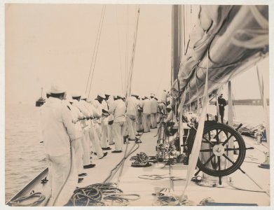 Crew handling rigging on the yacht Reliance, winner of 1903 America's Cup LCCN2018645920