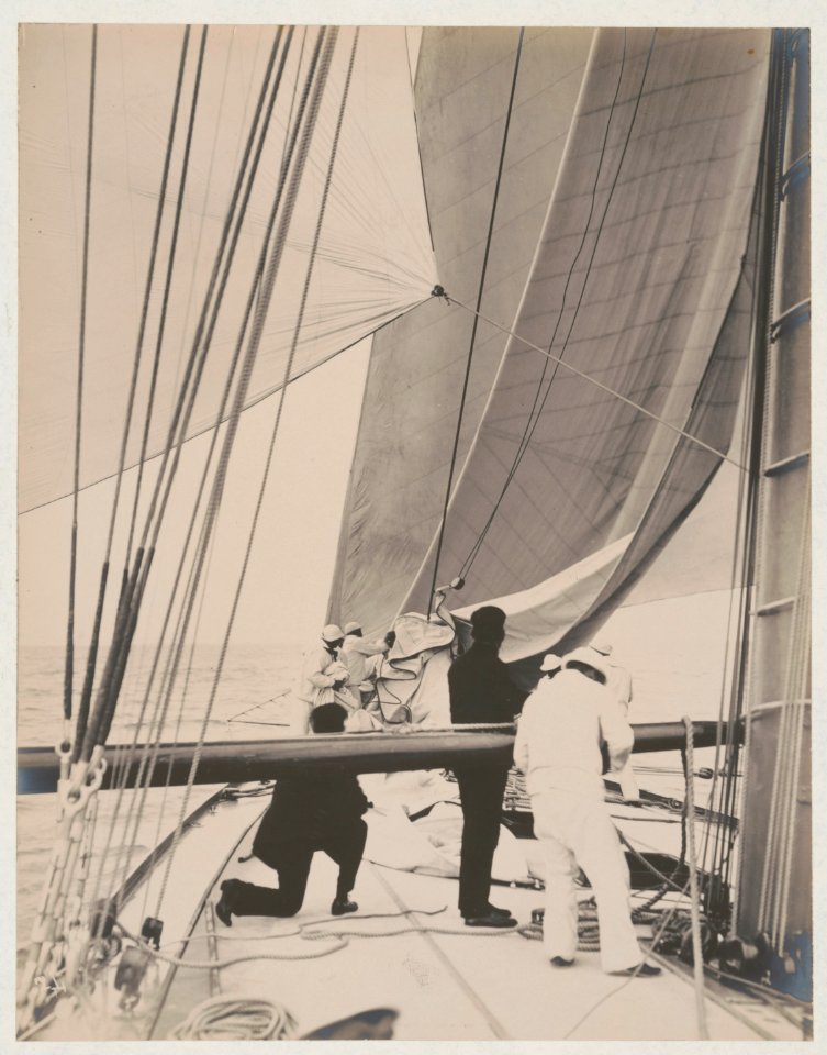 Crew handling sail on the yacht Reliance, winner of 1903 America's Cup LCCN2018645923