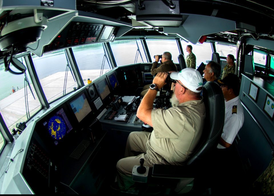 Crew members aboard the joint high speed vessel USNS Spearhead (JHSV 1) prepare to pull into Guatemala July 21, 2014, during Southern Partnership Station (SPS) 2014 140721-N-XQ474-177