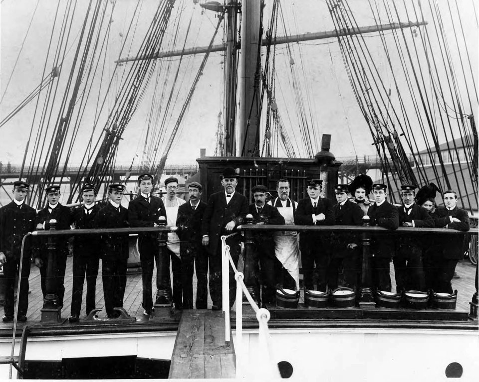 Crew of four-masted bark LYDERHORN on deck, Washington, ca 1900 (HESTER 602)