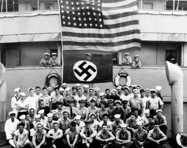 Crewmembers of USS Omaha (CL-4) aboard the German blockade runner Odenwald, 18 November 1941 (80-G-464023)