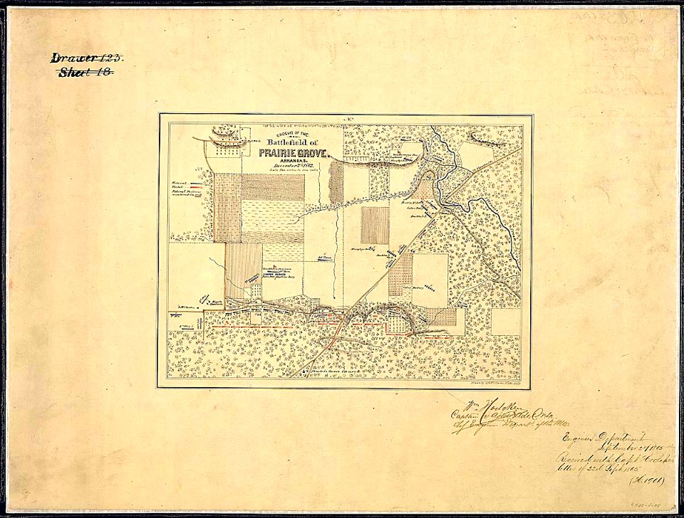 Croquis of the Battlefield of Prairie Grove, Arkansas. December 7th, 1862. Drawn by T. W. Williams, 15 Ills. Infy. - NARA - 305669
