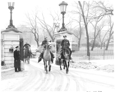 Cross country horseback riders arrive at the White House from Tacoma, Washington and are greeted by Officer Davis (on... - NARA - 199796