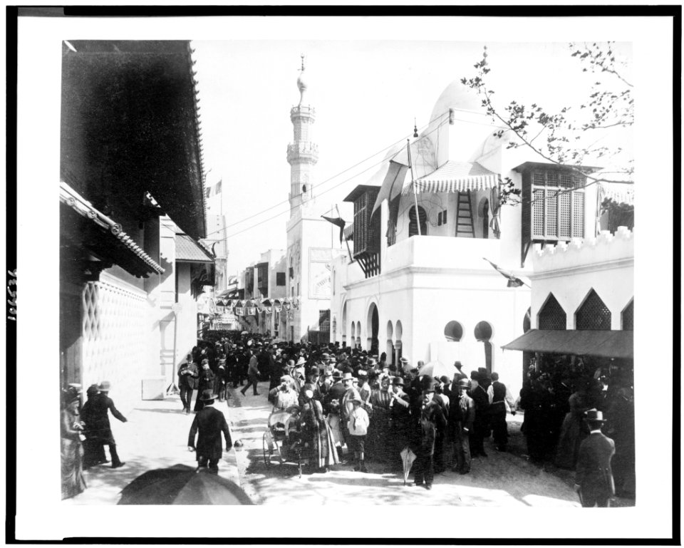 Crowd on a street in Cairo in front of the Pavilions of Morocco, Paris Exposition, 1889 LCCN92520963