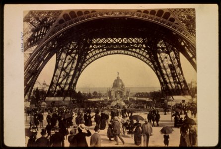 Crowd of people walking under the base of Eiffel Tower, view toward the Central Dome, Paris Exposition, 1889 LCCN92519777