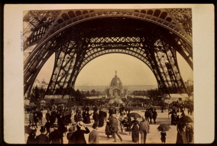 Crowd of people walking under the base of Eiffel Tower, view toward the Central Dome, Paris Exposition, 1889 LCCN92519777 photo